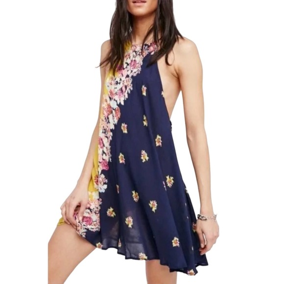 Free People Dresses & Skirts - Free People Women It's a Cinch Blue & Yellow Floral Slip Mini Dress Size Large